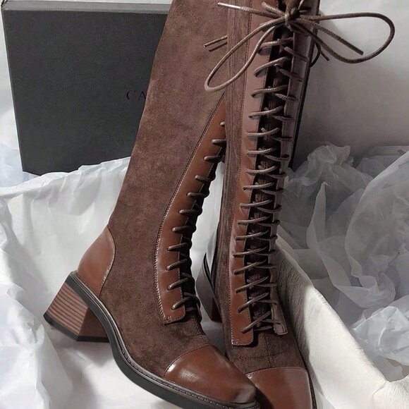 Brown Elegant Women's Thigh High Lace-Up Square Toe Chunky Heel Boots - Picture 1 of 4